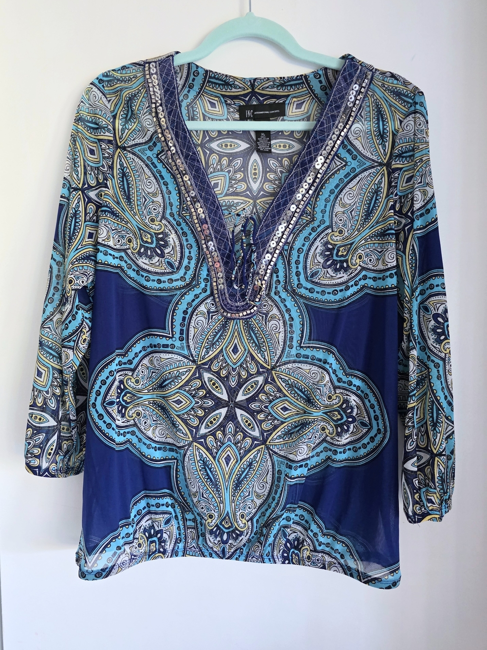 INC International Concepts Blue Paisley Beaded V-Neck Tunic Top XL